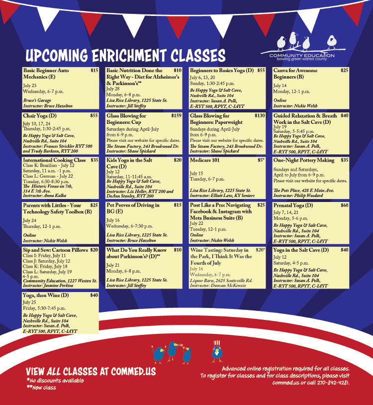 Upcoming enrichment classes from Bowling Green-Warren County Community Education