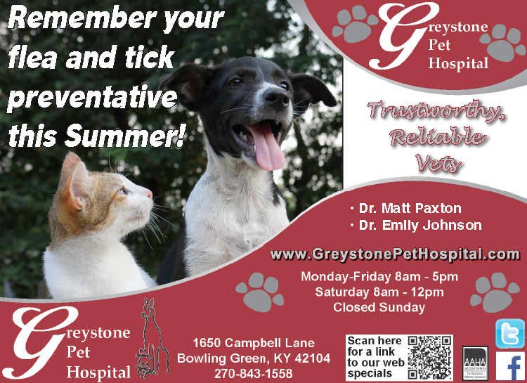 Greystone Pet Hospital... reminding you not to forget flea and tick prevention this summer. 
