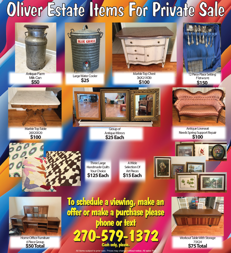 Alice Oliver estate items for sale... milk can, water cooler, marble topped tables, mirrors, quilts, art and more.
