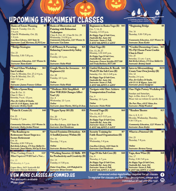 See all the great enrichment classes offered by Community Education of Bowling Green and Warren County.