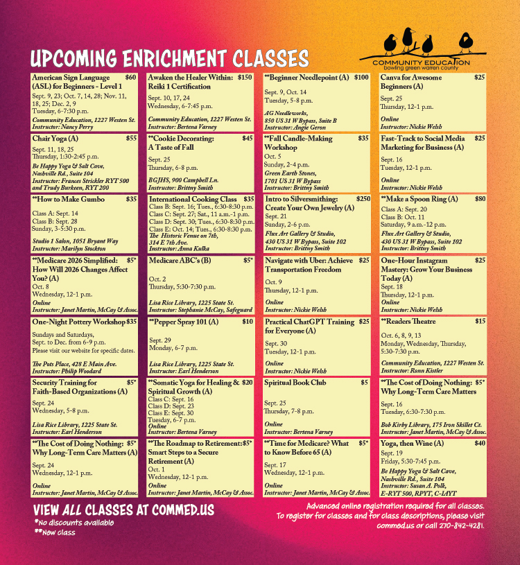 See all the great upcoming enrichment classes from Community Education of Bowling Green and Warren County