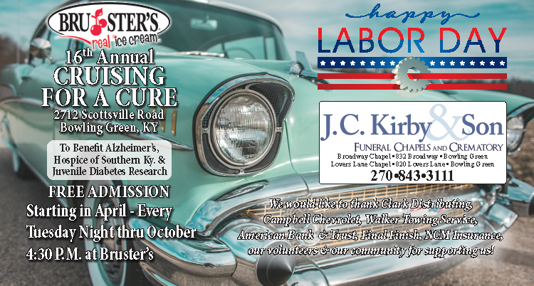 Don't miss the 16th annual Cruising For A Cure to benefit Alzheimer's, Hospice of Southern Kentucky and Juvenile Diabetes Research sponsored by J. C. Kirby & Son.