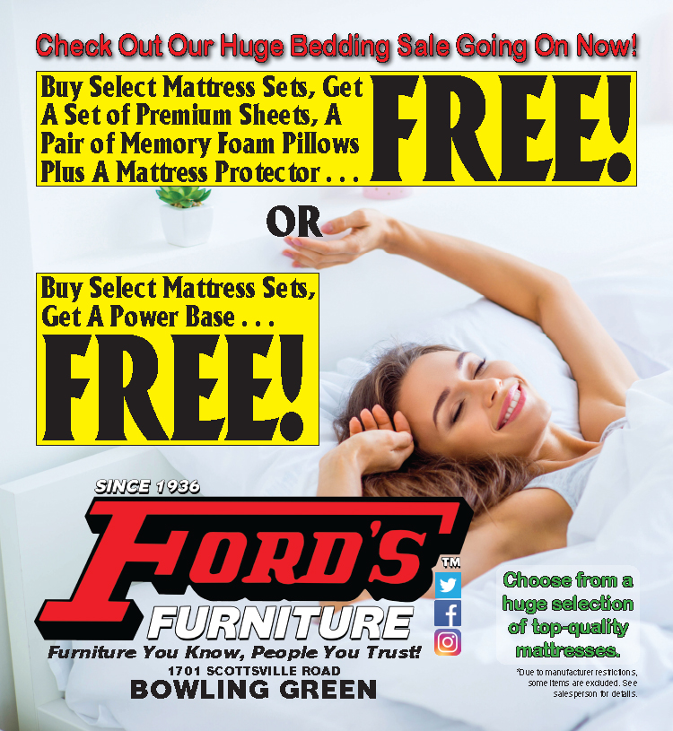 Free bedding accessories or power base with purchase of select mattress sets at Ford's Furniture.