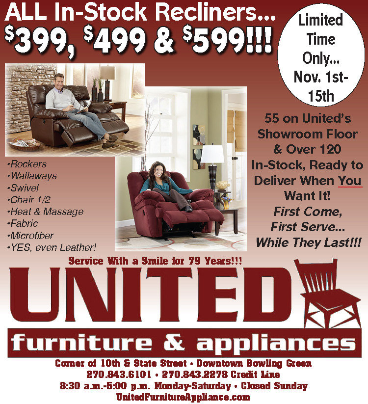 All in-stock recliners on sale now at United Furniture & Appliances.