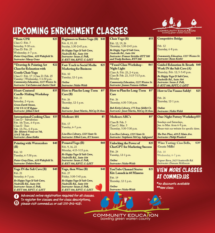 See a list of the upcoming Enrichment Classes from Bowling Green-Warren County Community Education.