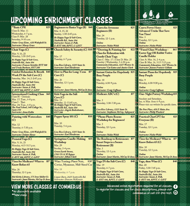 See all the upcoming enrichment classes from Bowling Green-Warren County Community Education.