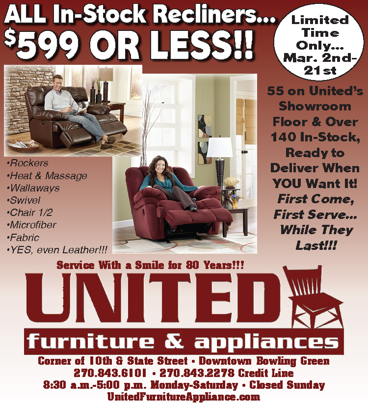 At United Furniture all in-stock recliners are $599 or less!