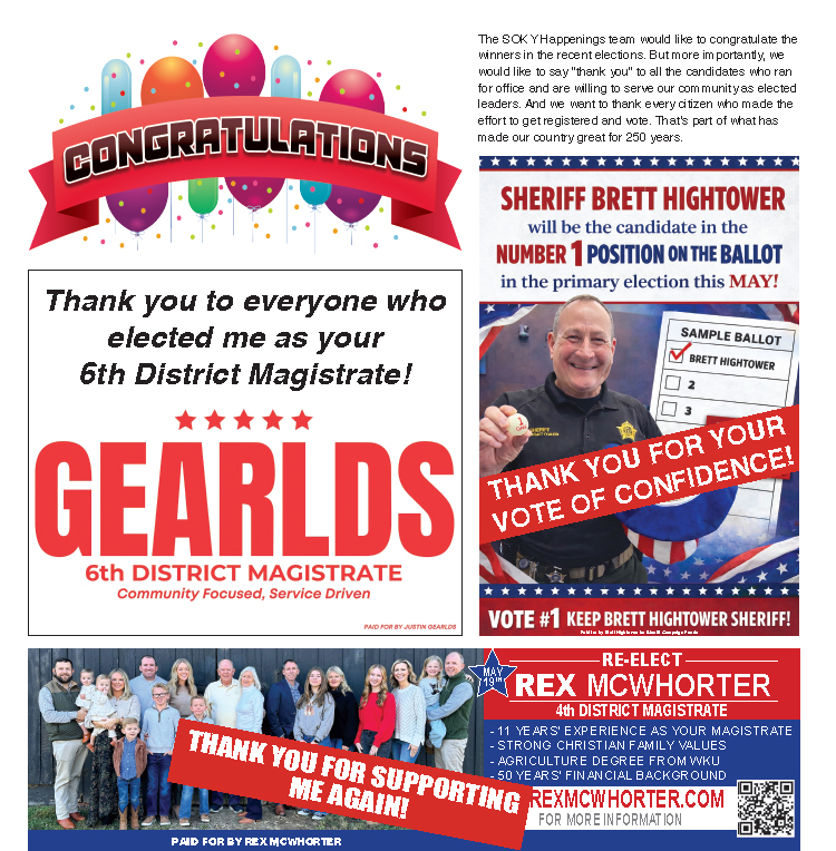 Gearlds for 6th District Magistrate, Brett Hightower for Sheriff and Rex McWhorter for 4th District Magistrate.