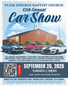 Plum Springs Baptist Church Annual Car Show September 26.