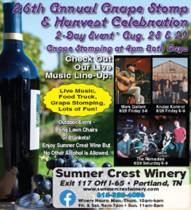 Don't miss the Annual Grape Stomp and Harvest Celebration at Sumner Crest Winery in Portland Tennessee.